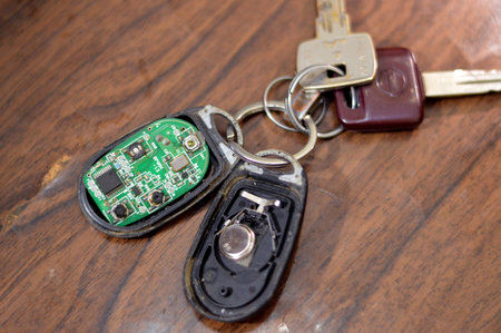 Cairo, Egypt, December 12 2023: A remote control, wireless car lock, unlock alarm control maintenance, circuits and electronic board of Nissan Sunnyのeditorial素材