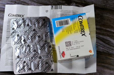Cairo, Egypt, December 15 2023: Comtrex film coated capelts, acetaminophen, pseudoephedrine HCL, brompheniramine maleate, nasal decongestant, antihistamine, pain reliever, fever reducer by GSKのeditorial素材