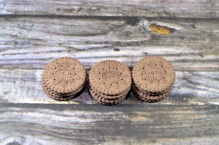 Cairo, Egypt, December 20 2023: Borio, a brand of biscuits local to Egypt that is similar to Oreo. It consists of two chocolate biscuits with creme cream filling in between, used in milkshakesのeditorial素材