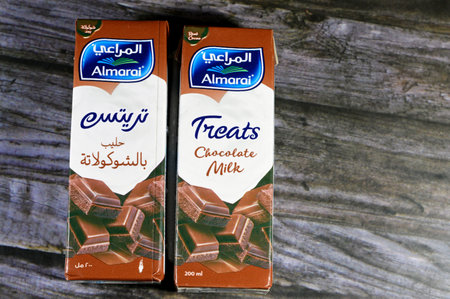 Cairo, Egypt, January 2 2024: Almarai Treats Chocolate Flavor Milk, a type of flavoured milk made by mixing cocoa solids with milk, Drink mixes of cocoa powder and a sweetener, selective focusのeditorial素材
