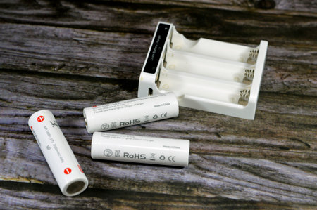 Cairo, Egypt, January 10 2024: 18650 battery cells, cylindrical lithium-ion battery common in electronic devices, LI-ON Rechargeable Batteries, commonly used in power tools, electric devicesのeditorial素材
