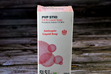 Cairo, Egypt, January 11 2024: PVP Stio liquid soap povidone iodine 7.5, antiseptic liquid soap, SLS...