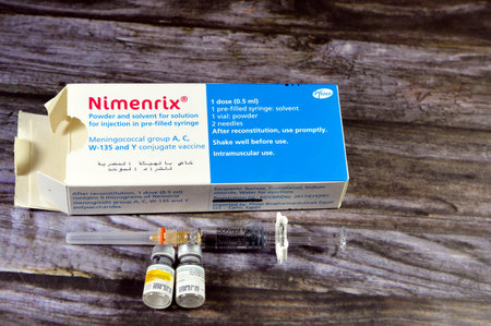 Cairo, Egypt, January 11 2024: Nimenrix vaccine against invasive meningococcal disease caused by the bacterium Neisseria meningitidis and Purified polysaccharide vaccine single dose, selective focusのeditorial素材