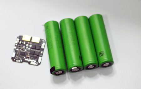 Cairo, Egypt, January 13 2024: 18650 battery pack cells, cylindrical lithium-ion battery common in...