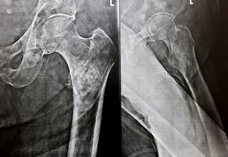 Plain x-ray with high probability of subtrochanteric, trochanteric fissure fracture, and malignancy metastasis in medial side of the femur shaft below the head, of an old patient with prostate cancerの写真素材