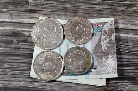 Egypt banknote with Egyptian silver coins of Orabi revolution, President Gamal Abdel Nasser, king...
