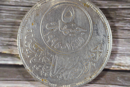 5 Five Egyptian pounds silver non circulating coin as a commemoration of the golden Jubilee 50 years of the Arab League 1945 - 1995, a political organization for Arabs, (Arab Republic of Egypt 5LE)の写真素材
