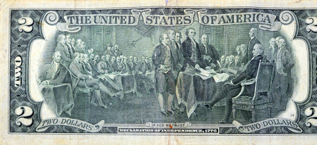 Large fragment of the reverse side of 2 two dollars bill banknote series 1976 with Trumbull's...
