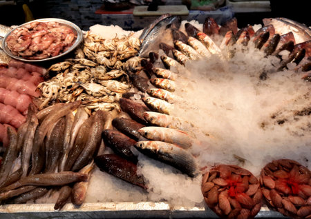 Fresh seafood of Tilapia fish, Mackerel fish, Saurida undosquamis, the brushtooth lizardfish,...