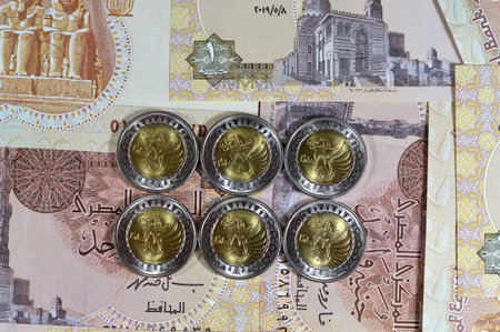 Egyptian 1 LE EGP One Egyptian pound coin on Egyptian banknote, Translation of Arabic (Police day 72...