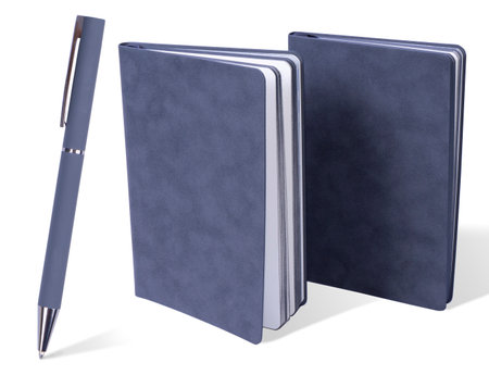 Two Gray plain velveteen notebooks and gray metal pen isolated on white backgroundの写真素材