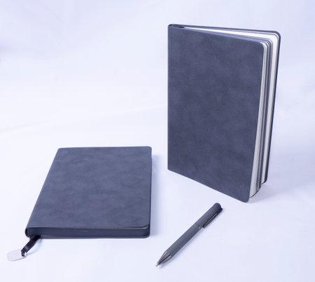 Tow Gray plain velveteen notebooks and gray metal pen isolated on white backgroundの写真素材