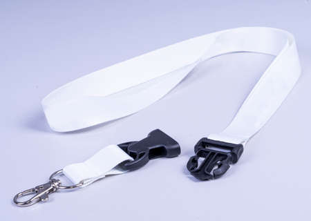white Lanyard Neck Strap with Metal Lobster Clip and Safety Breakaway Clasp-Isolated on gray background-Front viewの写真素材