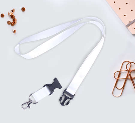 white Lanyard Neck Strap with Metal Lobster Clip and Safety Breakaway Clasp for mockup-On white desk office.の写真素材