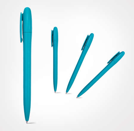 blue birch color Pens in an interesting composition isolated on white background.の写真素材