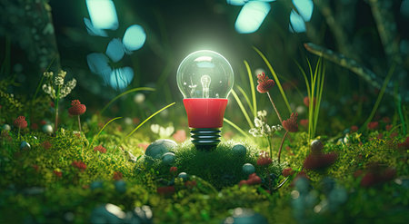Incandescent light bulb on moss in the forest. 3D renderingの素材