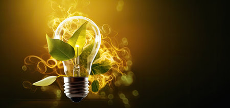 Glowing eco lightbulb with green leaves on dark background. Alternative energy conceptの素材