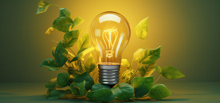 Energy saving light bulb with leaves on yellow background. 3D renderingの素材