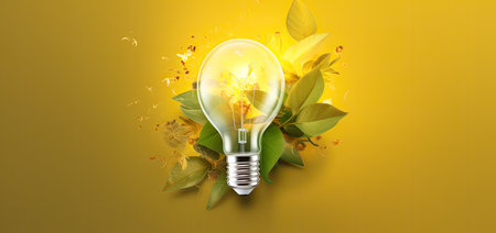Light bulb with green leaves on yellow background. Eco energy concept.の素材