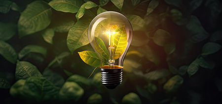 Conceptual image with light bulb and green leaves on dark backgroundの素材