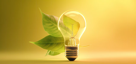 Light bulb and green leaves on yellow background. Alternative energy concept.の素材