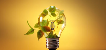 Light bulb with green leaves inside on yellow background. Eco concept.の素材