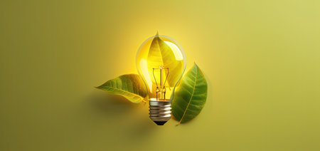 Light bulb with green leaves on a yellow background. Eco concept.の素材