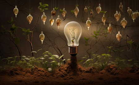 Conceptual image with tree growing out of light bulb in soilの素材