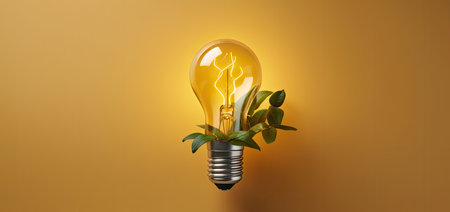 Light bulb with plant inside on yellow background. Alternative energy concept.の素材