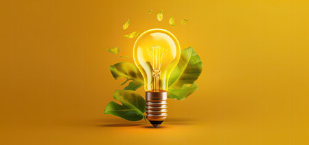 Energy saving light bulb and green leaves on a yellow background. Vector illustration.の素材