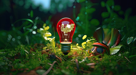 Glowing light bulb in green grass. 3d render illustration.の素材