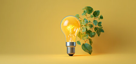 Light bulb with green plant growing inside on yellow background. 3D renderingの素材