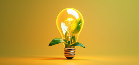 Light bulb with green plant inside on yellow background. 3D renderingの素材