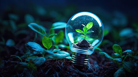 Green sprout growing inside of light bulb. Environment conservation concept.の素材