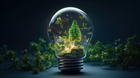 Glass lightbulb with green plant inside on dark background 3D renderingの素材