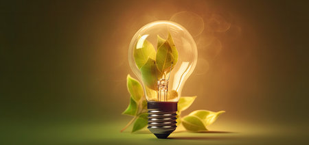 Green eco energy concept with lightbulb and leaves. 3D renderingの素材