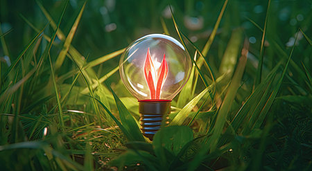 Glowing light bulb in the green grass. 3D illustration.の素材