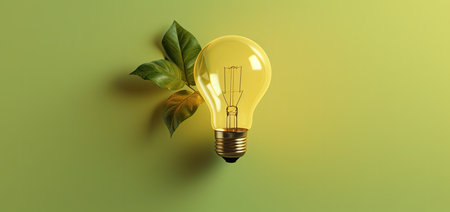 Light bulb with green leaves on green background. 3d illustration.の素材
