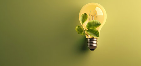 Idea concept with lightbulb and green leaves on green backgroundの素材