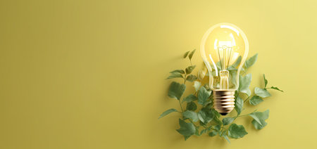 Light bulb with green leaves on a yellow background. Eco concept.の素材