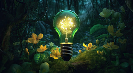 Conceptual image with green light bulb and yellow flowers in forestの素材