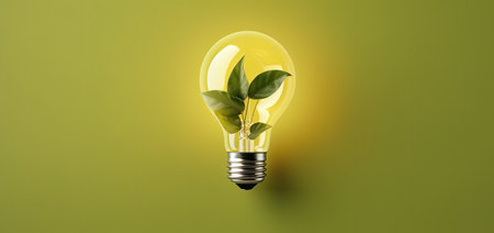 Light bulb with green leaves inside on yellow background, eco energy conceptの素材