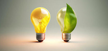 Energy saving lightbulb with green leaves. 3D illustration.の素材