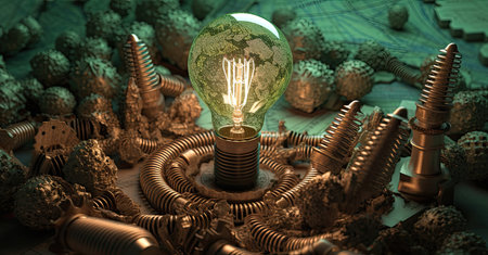 Glowing lightbulb with globe inside surrounded by metal gears and cogwheels. 3D renderingの素材
