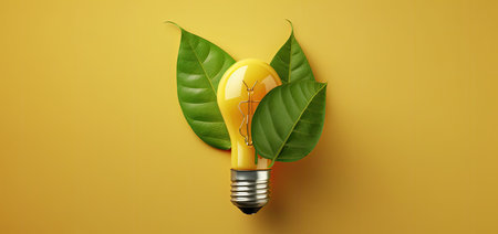 Idea concept with light bulb and green leaves on yellow background.の素材