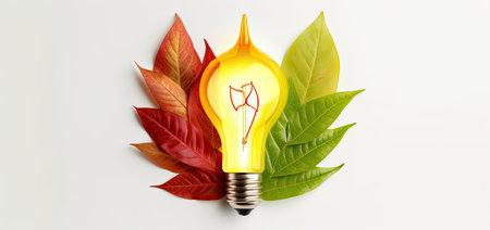 Energy saving lightbulb with leaves on white background, environment conceptの素材