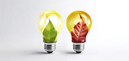 Glowing light bulbs with leaves inside as eco energy concept on white backgroundの素材