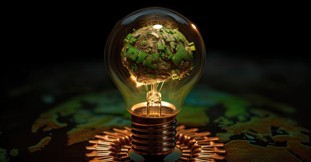 Glowing light bulb with green plant inside and world map on dark background.の素材