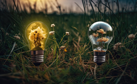 Two light bulbs in the grass with dandelions and daisiesの素材