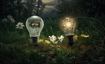 Conceptual image of two light bulbs with butterflies inside placed in grassの素材